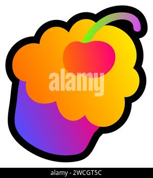 Declarative fluorescent hand drawn sweet cherry cupcake with neon gradient light on dark black backdrop. Party icon for design of card or invitation. Stock Vector