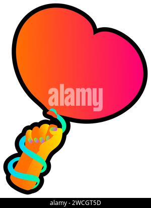 Declarative hand drawn heart shaped balloon in hand with neon gradient light on dark black backdrop. Party icon for design of card or invitation. Dood Stock Vector