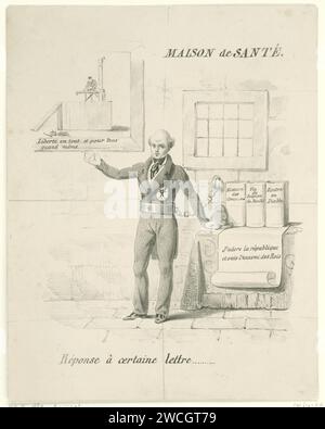 Cartoon on Louis de Potter, ca. 1830, Anonymous, 1828 - 1830 print Cartoon on the Louis de Potter, prominent politician involved in the Belgian revolution. The Potter standing in his cell (captured 1828-1830) chained to the wall. At the top left a performance of a king under the guillotine, with the caption 'Liberté and Tout Est Pour Tous Quand Même'. On the right a table on which a Phrygic hat and a few writings from the Potter, and a sheet of paper, on which the words 'J'adore la république et suis l'Ennemi des Rois. Netherlands paper  prisoner; in fetters. violent death  beheading by guill Stock Photo