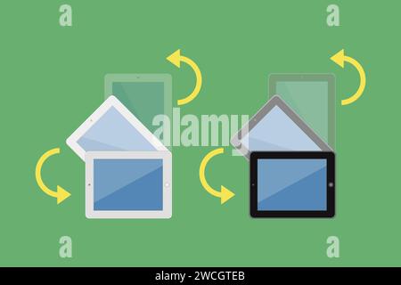 Digital display tablet screen turning. Visual instruction for using your screen tab for image rotation to horizontal position. Flat vector isolated on Stock Vector