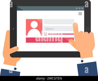 User hand enters data on website of registration on portable laptop. Unlock web page menu on screen of digital gadget. Simple flat vector isolated on Stock Vector