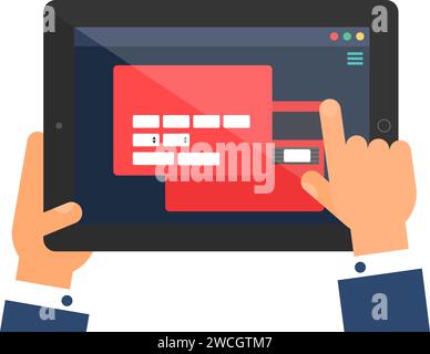 User hand enters data on website of Banking Personal Account on portable laptop. Private data web page menu on screen of digital gadget. Simple flat v Stock Vector