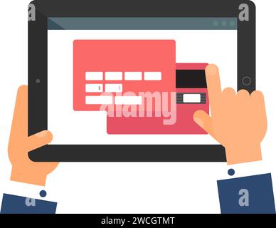 User hand enters data on website of Identification on portable laptop. Card Number web page menu on screen of digital gadget. Simple flat vector isola Stock Vector