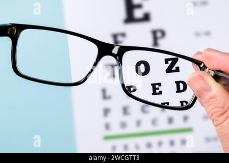 The eye test chart is seen through the glasses. Areas outside the glasses are blurred Stock Photo