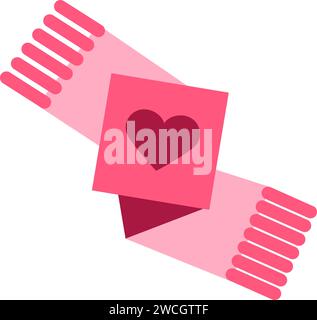 Pink cozy festive knitted scarf with fringe LGBTQ sticker. Heartfelt gift for Valentine Day for soulmate. Simple pink colored flat Valentine vector ic Stock Vector