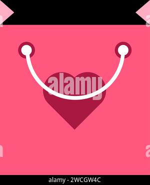 Pink paper bag with handles for shopping. Gift pack for Valentine day surprise. LGBTQ sticker. Simple pink colored flat Valentine vector icon isolated Stock Vector