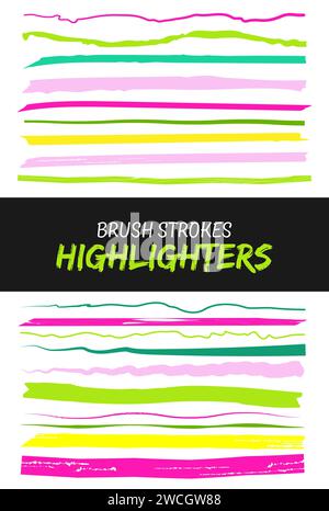 Neon various highlight brush strokes set. isolated elements. Stock Vector