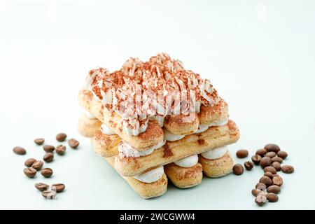 Homemade Italian Dessert Non Bake  Tiramisu with Cocoa and Coffee Beans. Close Up Stock Photo
