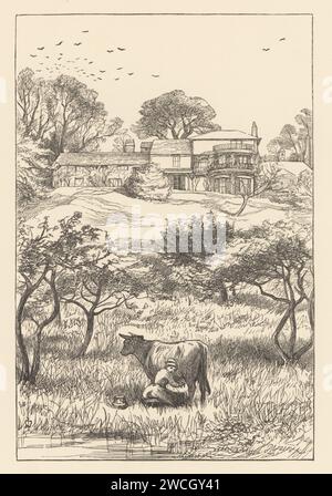 Bucolic landscape with milkmaid and dairy cow at Orley Farm. Frontispiece to Anthony Trollope’s Orley Farm. Based on Julians Hill farmhouse, home of the Trollope family. Woodcut by the Dalziel brothers after an illustration by Pre-Raphaelite artist John Everett Millais from Millais’ Illustrations, a Collection of Drawings on Wood, Alexander Strahan, London, 1866. Stock Photo