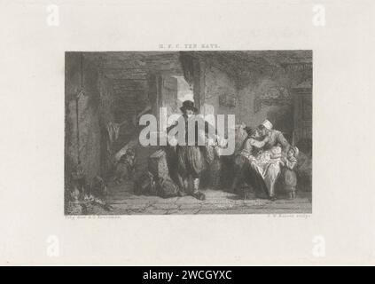Family in a departure, Johann Wilhelm Kaiser (I), After Herman Frederik Carel ten Kate, 1857 print In a departure, a woman with a child sits on her lap and two children on her side on a chair. One of the children gives her a kiss. Next to the stairs on which a child climbs up, a man is ready to leave.  paper etching family life Stock Photo