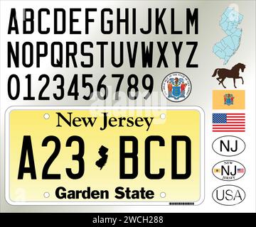 New Jersey car license plate pattern, letters, numbers and symbols, vector illustration, USA Stock Vector