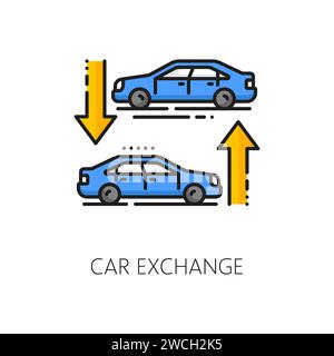 Dealership car exchange, auto dealer company outline icon. Automobile distributor, used vehicle rental dealership or car exchange center outline vector pictogram. Auto dealer linear sign or icon Stock Vector