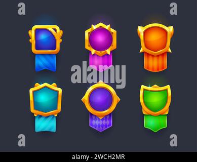 Game award badges and level complete popup shields, vector GUI interface templates. Game trophy award blank icons for level achievement with golden frames and ribbons for video game arcade rank award Stock Vector