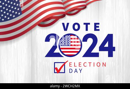 Vote 2024 Election day with 3d flag USA. President voting 2024. Election voting poster or banner design. Political election campaign Stock Vector