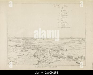 View of the landscape east of Nijmegen, Derk Anthony van de Wart, 1815 - 1824 print View of the landscape east of Nijmegen, with floodplains. Right front is a house. On the left in the distance is Ooij. On the horizon, the church towers of, among others, the cities of Ooy, Persingen, Doornenburg, Gendt, Hulhuizen, Pannerden, Elten, Hoog Elten and Emmerik are displayed. The print is part of a suite of nine prints, including the title print. Nijmegen paper. ink etching / pen landscapes with waters, waterscapes, seascapes (in the temperate zone). landscapes in the temperate zone Nijmegen Stock Photo