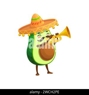 Cartoon Mexican cheerful avocado mariachi character with trumpet. Avocado Mexican musician funny vector character. Tropical fruit happy comical personage or funny mascot playing on musical instrument Stock Vector