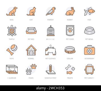 Pet shop flat line icons set. Dog carrier, cat scratcher, bird cage, rabbit, fish aquarium, pets paw, collar vector illustrations. Thin signs for Stock Vector