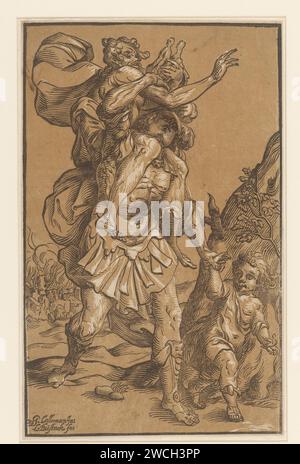 Aeneas wears his father from Troje, Ludwig Büsinck, after Georges Lallemand, 1600 - 1669 print   paper  'Pius Aeneas': Aeneas, leading Ascanius, escapes from burning Troy, carrying his father Anchises with the Penates; his wife Creusa, who sets out with them, is lost on the way Stock Photo