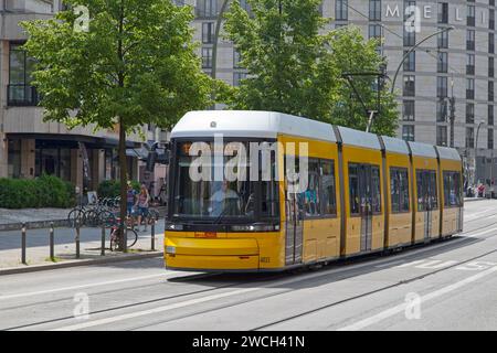 Berlin, Germany - June 01 2019: Yellow tramways of the Line 12 in the city center. Stock Photo