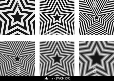 Set of concentric stars backgrounds. Trendy y2k patterns in black and white colors. Groovy psychedelic wallpaper designs. Aesthetic posters with hypnotic effects. Vector graphic illustration Stock Vector