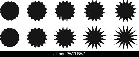 Set of round badges, stamps, labels, price or pomo code tags with zig zag and squiggly edges. Sun burst, sunlight, sunshine, splash icons. Empty black discount, sale, promotion, certified stickers. Stock Vector