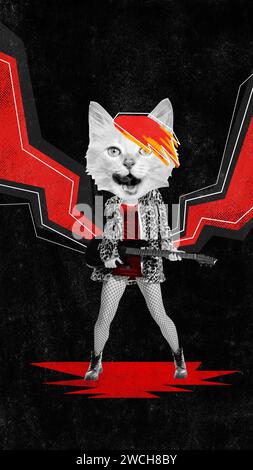 Poster. Contemporary art collage. Poster. Contemporary art collage. Crazy rock star, cat-headed man playing electric guitar modern energetic rock and Stock Photo
