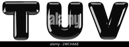 Inflated glossy black letter T, U, V uppercase illustration. 3D render of latex bubble font with glint. Graphic type, typography, ABC clipart, alphabe Stock Photo