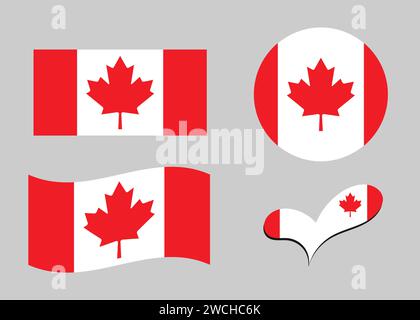 Flag of Canada. Canada flag in heart shape. Canada flag in circle shape. Country flag variations. Stock Vector