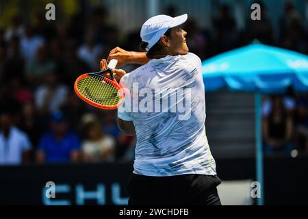 Melbourne, Australia. 14th Jan, 2024. Pavel Kotov of Russia plays against Arthur Rinderknech of France during the Round 1 match of the Australian Open Tennis Tournament at Melbourne Park. Final score; Pavel Kotov 3:2 Arthur Rinderknech. (Photo by Alexander Bogatyrev/SOPA Images/Sipa USA) Credit: Sipa USA/Alamy Live News Stock Photo