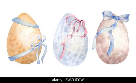 Easter eggs set of watercolor illustration in neutral color isolated on white background. Eggs with colorful ribbons hand drawn. Painted egg in speck. Stock Photo