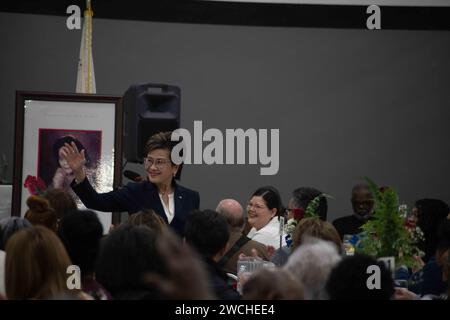 Bakersfield, USA. 15th Jan, 2024. Mayor Karen Goh stands to greet a crowd of nearly a thousand people who attended the MLK Day Community Awareness Breakfast at the MLK Community Center in East Bakersfield, California., on January 15, 2024. (Photo by Jacob Lee Green/Sipa USA) Credit: Sipa USA/Alamy Live News Stock Photo