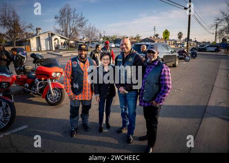 Bakersfield, USA. 15th Jan, 2024. Mayor Karen Goh poses for a photo with the ‘Sons of Solomon' Masonic Motorcycle Club during MLK Day festivities in Bakersfield, California, on January 15, 2024. (Photo by Jacob Lee Green/Sipa USA) Credit: Sipa USA/Alamy Live News Stock Photo