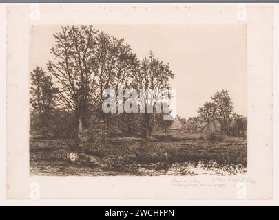 Landscape with four willows and a stream, Alfred Elsen, 1881 print   paper etching farm or solitary house in landscape. trees: willow. brook Stock Photo