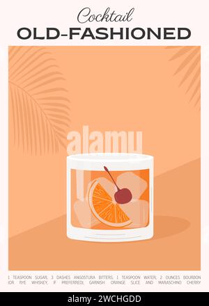 Old Fashioned Cocktail on the rocks garnish with orange slice and maraschino cherry. Whiskey with ice aperitif tropical vertical poster. Minimalistic Stock Vector