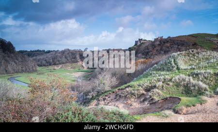 View of Pennard Castle, overlooking Three Cliffs Bay, on the Gower Peninsular, south Wales Stock Photo