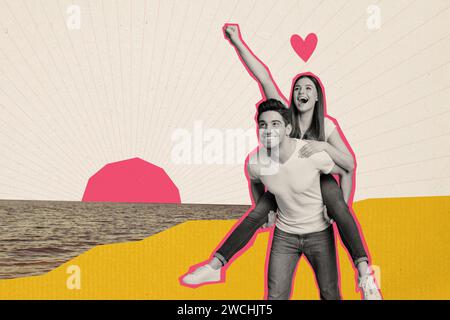 Creative collage picture of two excited black white colors partners piggyback raise fist heart symbol painted sunset water background Stock Photo