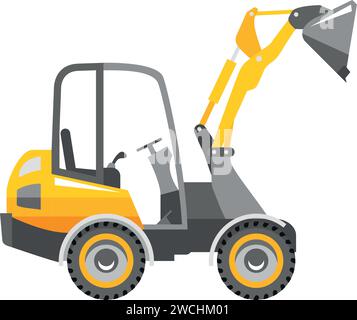 Compact Skid Steer Loader with Bucket and Wheels Icon in Flat Style. Stock Vector