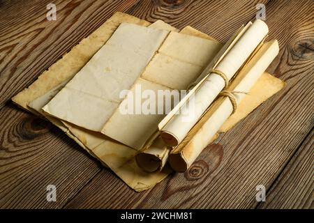Old sheets Paper  Aged on  wood Background Stock Photo