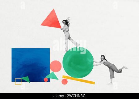 Creative collage picture illustration monochrome effect excited happy joyful young two ladies carry hold colorful figure teamwork template Stock Photo