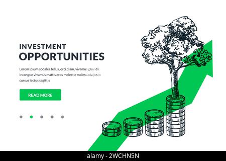 Investment and finance growth business concept. Growing tree on coins stacks on green arrow background. Hand drawn vector sketch illustration. Poster, Stock Vector