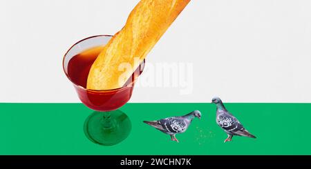 Contemporary art collage. Vino and Takeout. Two pigeons perch on edge of bistro table, eyeing baguette that is artfully propped up inside wine glass Stock Photo