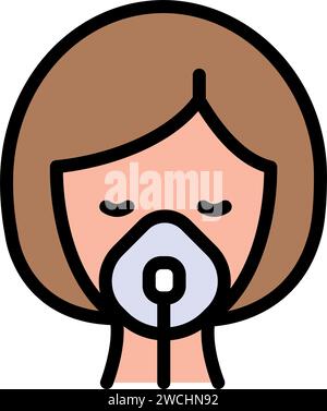 Woman in oxygen mask color icon. Aerosol breathing lung machine treatment icon. Simple illustration of nebulizer treatment vector icon for web design Stock Vector