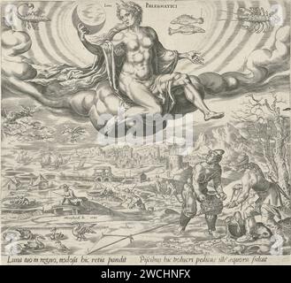 Felmatic Temperament, Harmen Jansz Muller, After Maarten van Heemskerck, 1566 print Luna, the moon, sits on a cloud and holds the crescent in her hand. Above her are three signs of the zodiac: Scorpio, fish and lobster, which match the element of water. Under her, on earth, the people with a phlegmatic temperament that are ruled by her. On the right there are duck hunters and in the background fishermen and sailors are working. At the bottom of the margin a text in Latin over the phlegmaticians and Luna. Antwerp paper engraving phlegmatic temperament. Diana as moon-goddess, i.e. Luna (Selene). Stock Photo