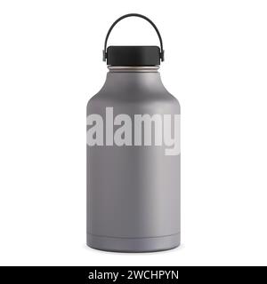 Stainless steel water bottle template. Thermo flask mockup for gym sport, fitness or travel. Hot tea or coffee thermos, realistic insulated vacuum tin Stock Vector