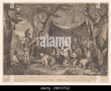 Alexander the Great with the Van Darius family, Louis Crépy, After Charles Le Brun, 1690 - 1754 print  France paper etching / engraving Darius' family kneels before Alexander, who requests Sisigambis, Darius' mother, to rise. historical persons Stock Photo