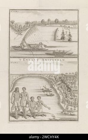 Faces on the island of Amsterdam, Frederik Ottens, 1717 - 1770 print Two images of the island of New Amsterdam in America. Above ships off the coast. In the foreground a prauw (C) and a canoe with interpreter (D). Two Dutch ships and a row of canoes in the background. Under face on a bay. Palmen on land and a village. In the foreground four original inhabitants of America. Amsterdam paper etching / engraving Australian and Oceanian races New Amsterdam Stock Photo