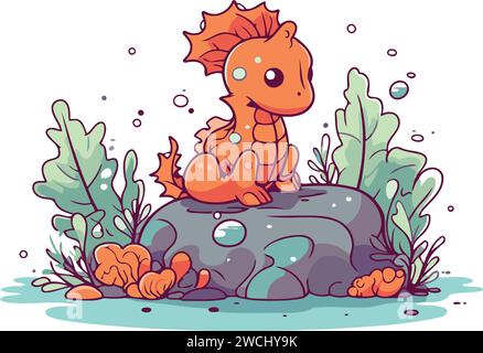 Cute cartoon red seahorse sitting on a rock. Vector illustration. Stock Vector