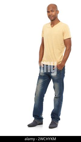 Portrait, smile and black man with fashion, casual outfit and confident guy isolated on a white studio background. African person, mockup space and Stock Photo