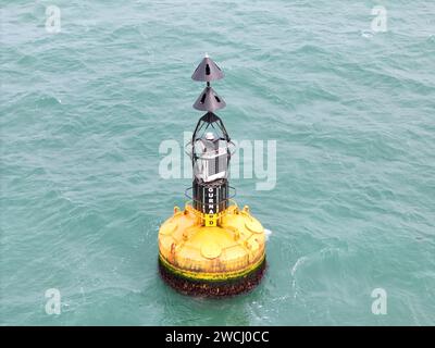 Yellow Bouy in solent UK drone,aerial Stock Photo