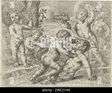 Fighting Putti, Peter van Lint, 1619 - 1690 print Two fighting putti in the foreground symbolize the battle between virtue and vice. On the right a putto with laurel wreath is ready for the victor, on the left a putto with Caduceus watches. In the background, a putto blows the trumpet, another putto holds a bird in its arms.  paper etching Figures Representing to Virtue VS. to deputy. Cupids: 'Amores', 'Amoretti', 'Putti' Stock Photo